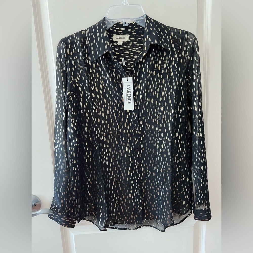 L'AGENCE NINA L/S BLOUSE METALLIC OVAL CLIP JACQUARD NWT